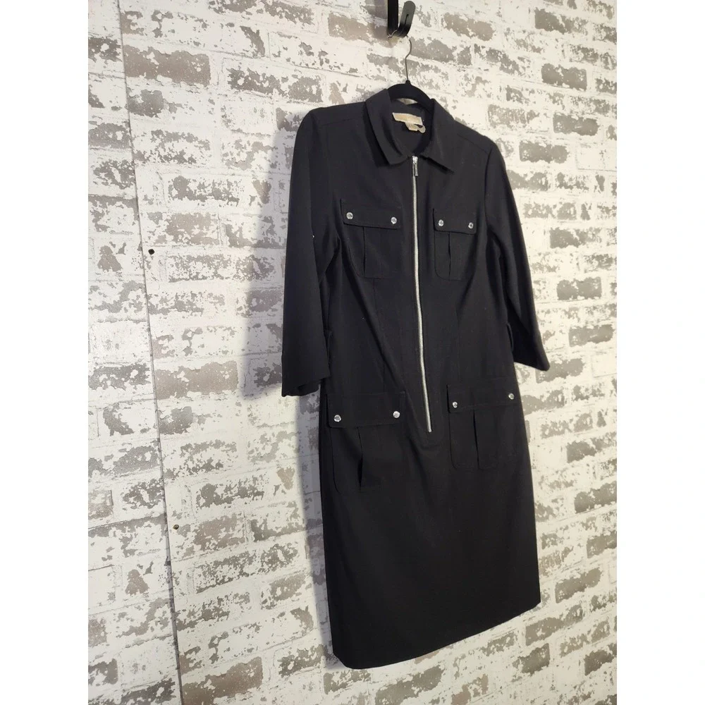 Michael Kors Shirt Dress Medium Black Zip Front Knee‎ Length Pockets Utility